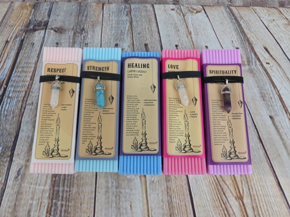 Chakra Collection Meditation Pillar Candle Set of 5 With Stone Necklaces